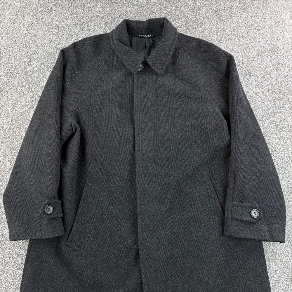 Vintage Hugo Boss Overcoat Mens 44T Gray Virgin Wool Herringbone Italy Car